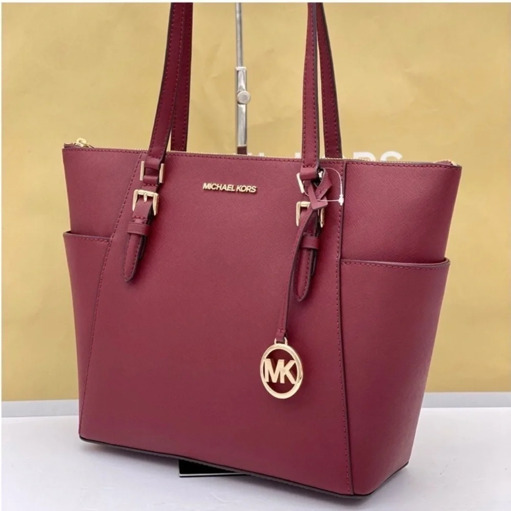 Michael Kors Charlotte Leather Tote Shoulder Bag Dark Cherry